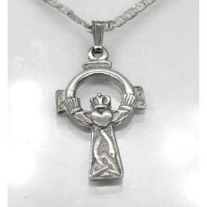 925 STERLING Claddagh CROSS pendant 18" sterling marriner chain necklace 5.7 gr